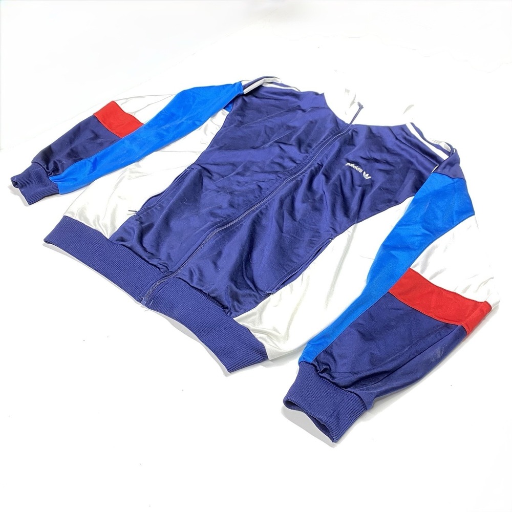 80's Adidas Embroidered Logo Red, White, And Blue 3 Stripe Track Jacket Large